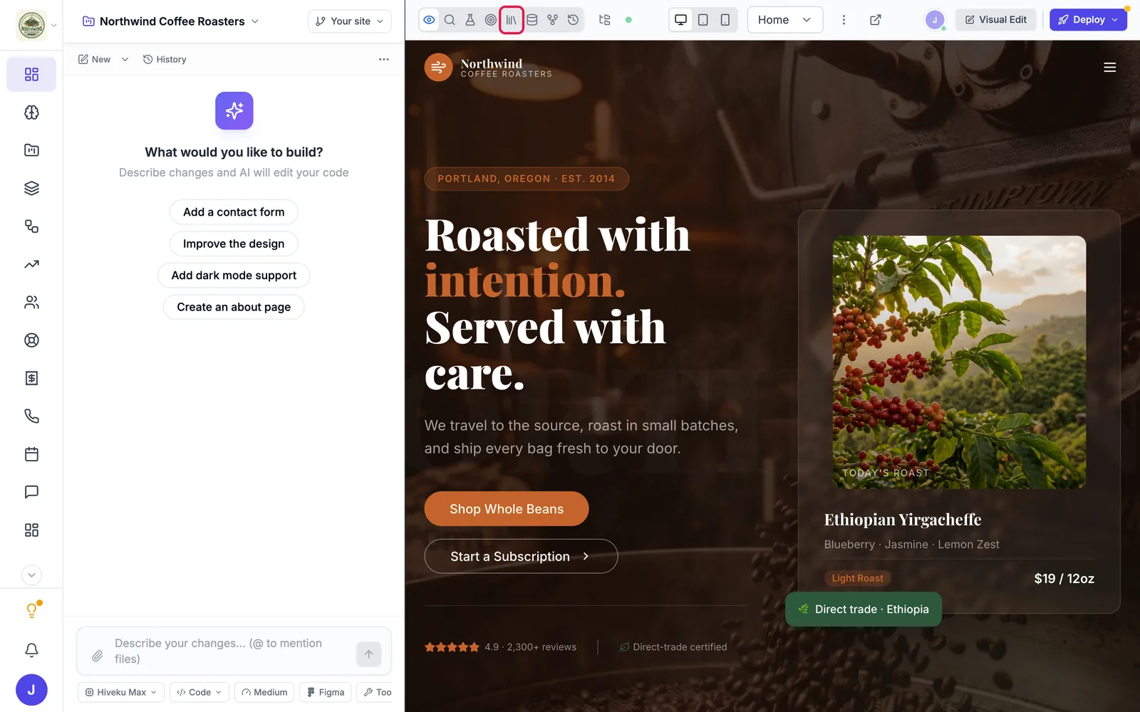 The site builder with the CMS icon outlined in the row of icons above the preview