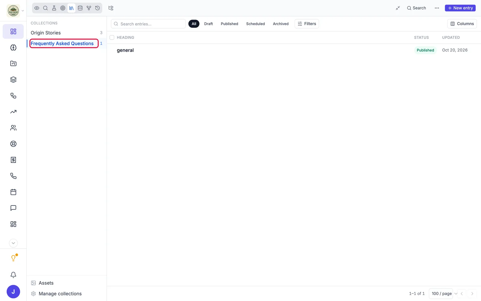 The CMS open full width, with the collections on the left and the FAQ entries on the right