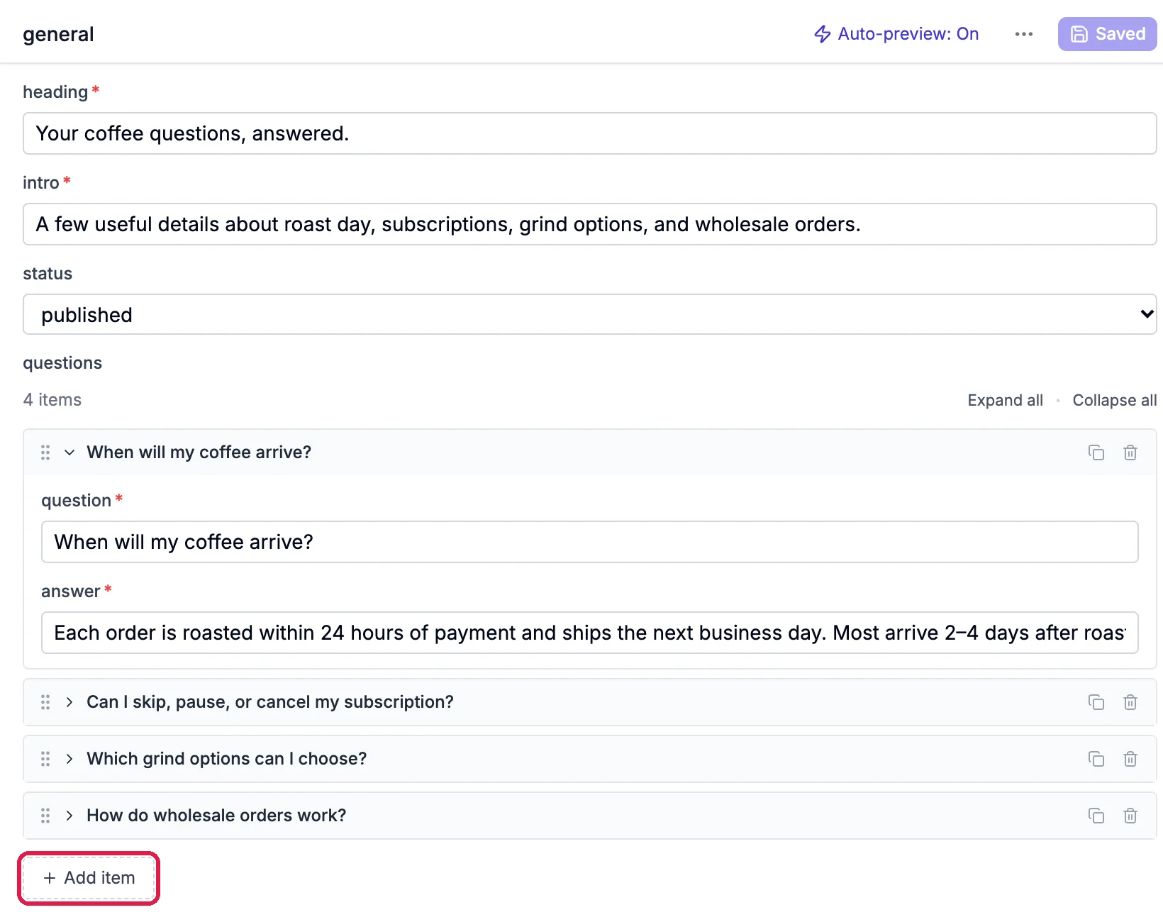The FAQ entry form with heading, intro, status and four questions, and the Add item button outlined