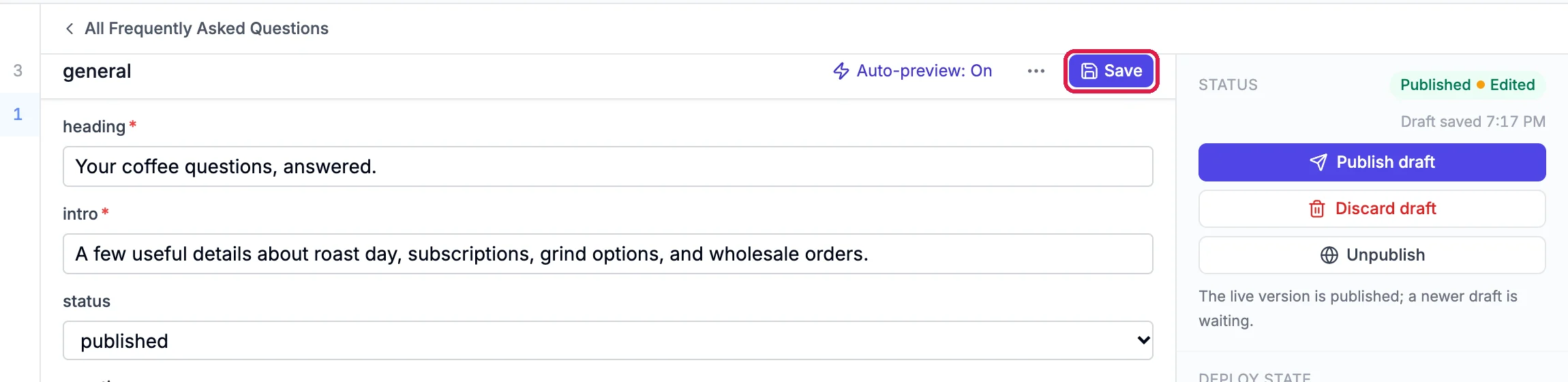 The top of the entry with the Save button outlined, and the right panel showing Publish draft and Discard draft