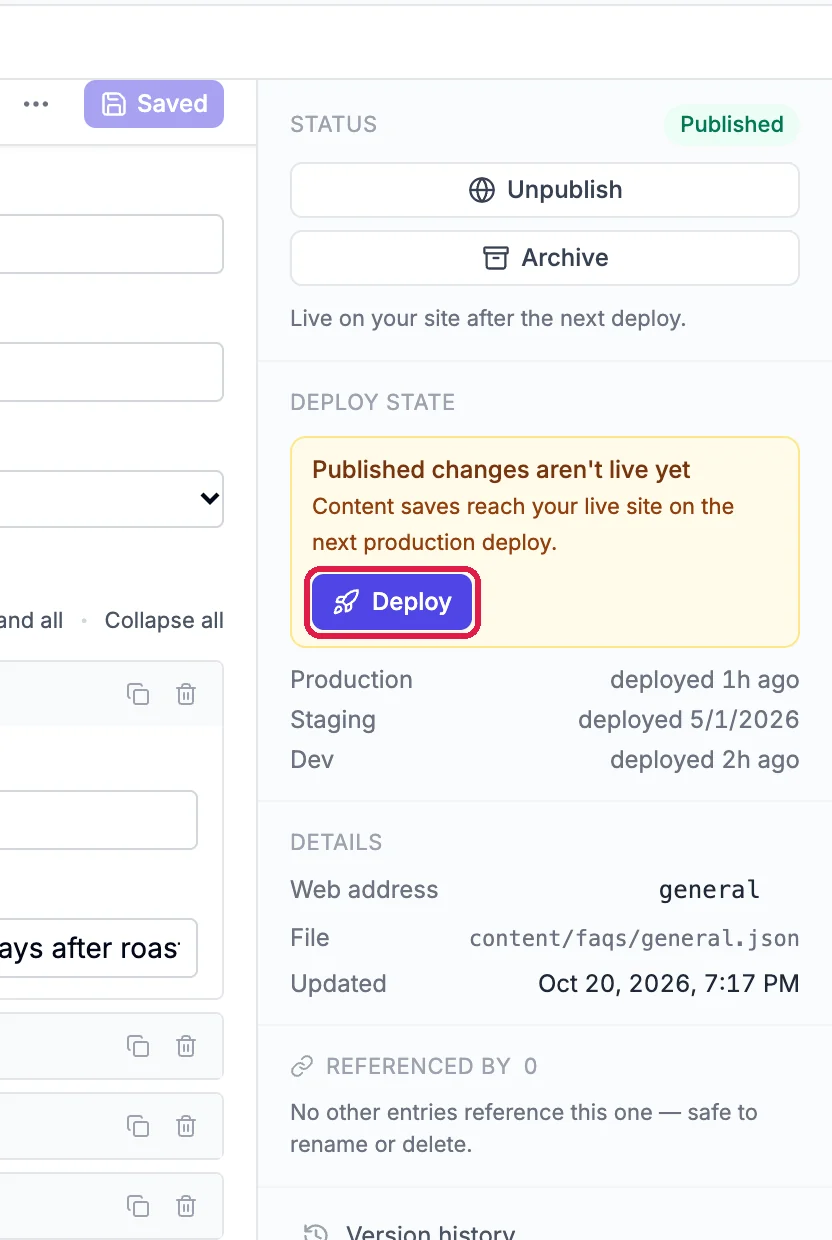 The right panel showing Published, Published changes aren't live yet, and an outlined Deploy button