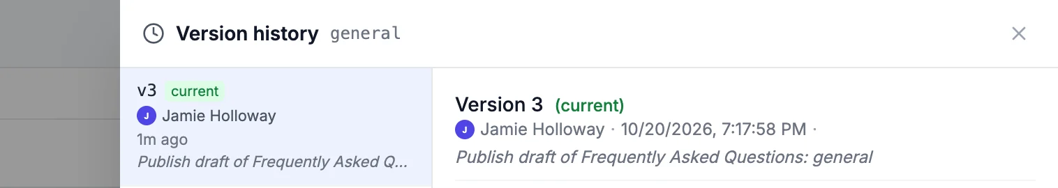 The Version history panel showing version 3, the current one, saved by Jamie Holloway