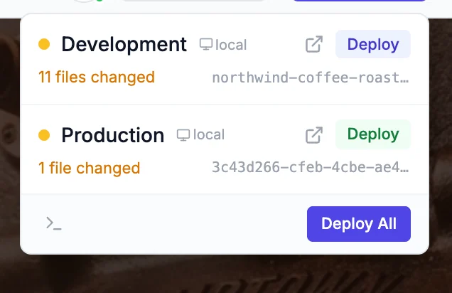 The Deploy menu with Development and Production rows; Production shows 1 file changed