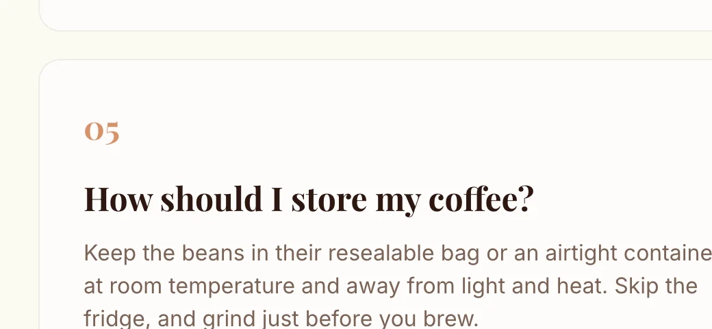 The live Northwind FAQ page showing question 05, How should I store my coffee?, with its answer