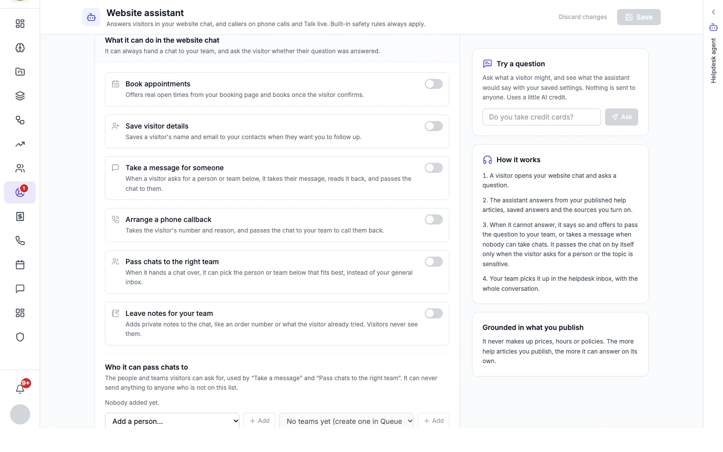 What it can do in the website chat: book appointments, save visitor details, take a message, arrange a callback, pass chats to the right team, leave notes