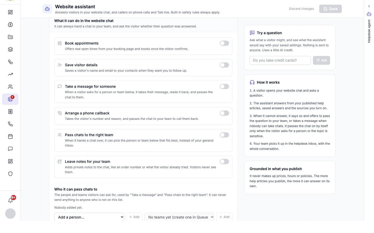 What it can do in the website chat: book appointments, save visitor details, take a message, arrange a callback, pass chats to the right team, leave notes