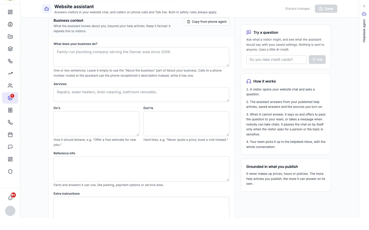 Business context settings: what the business does, services, do's, don'ts, reference info and extra instructions