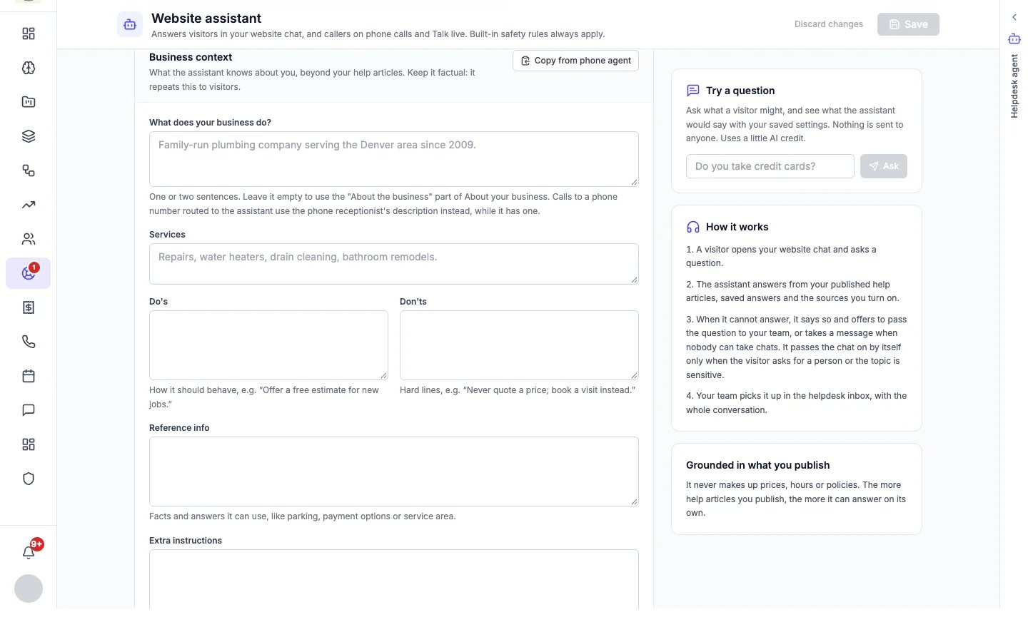 Business context settings: what the business does, services, do's, don'ts, reference info and extra instructions