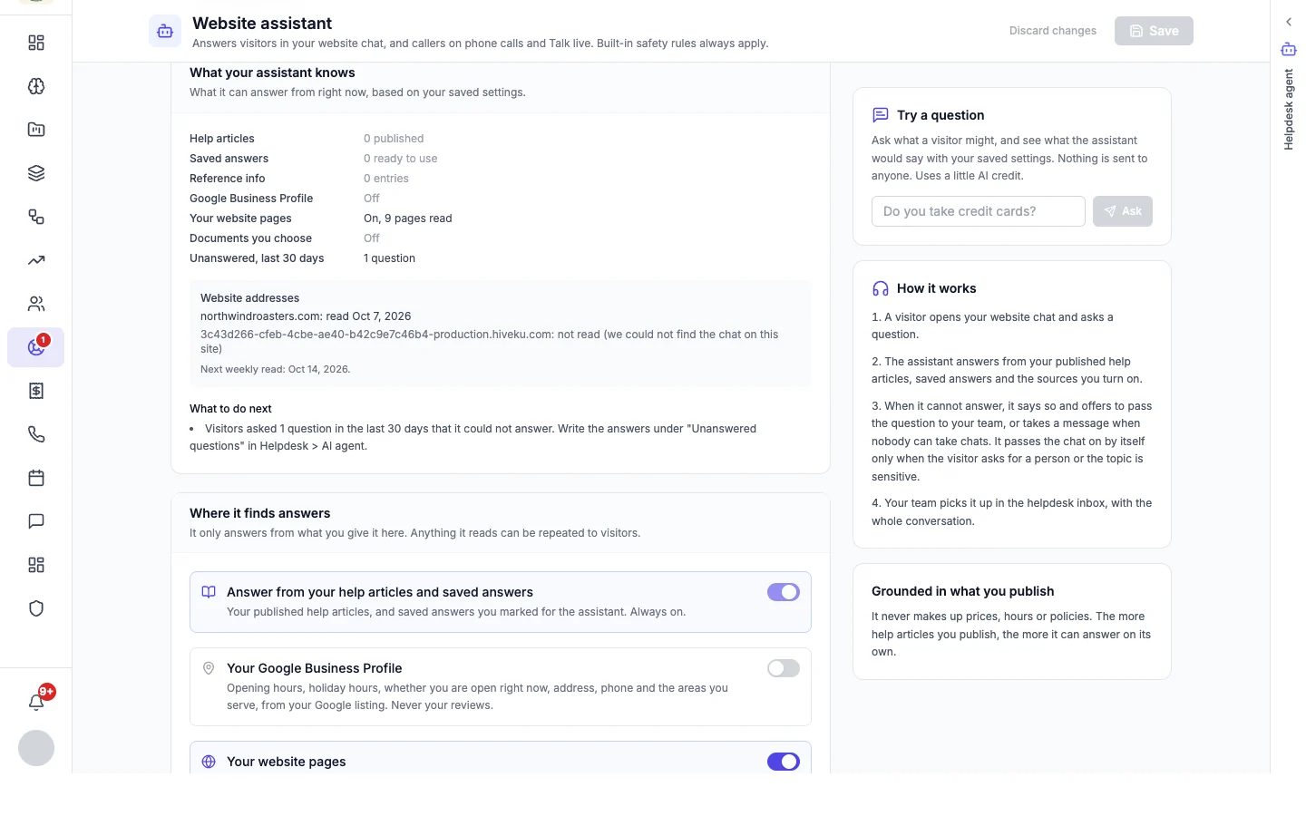 What your assistant knows: counts for help articles, saved answers, reference info, Google Business Profile, website pages and documents
