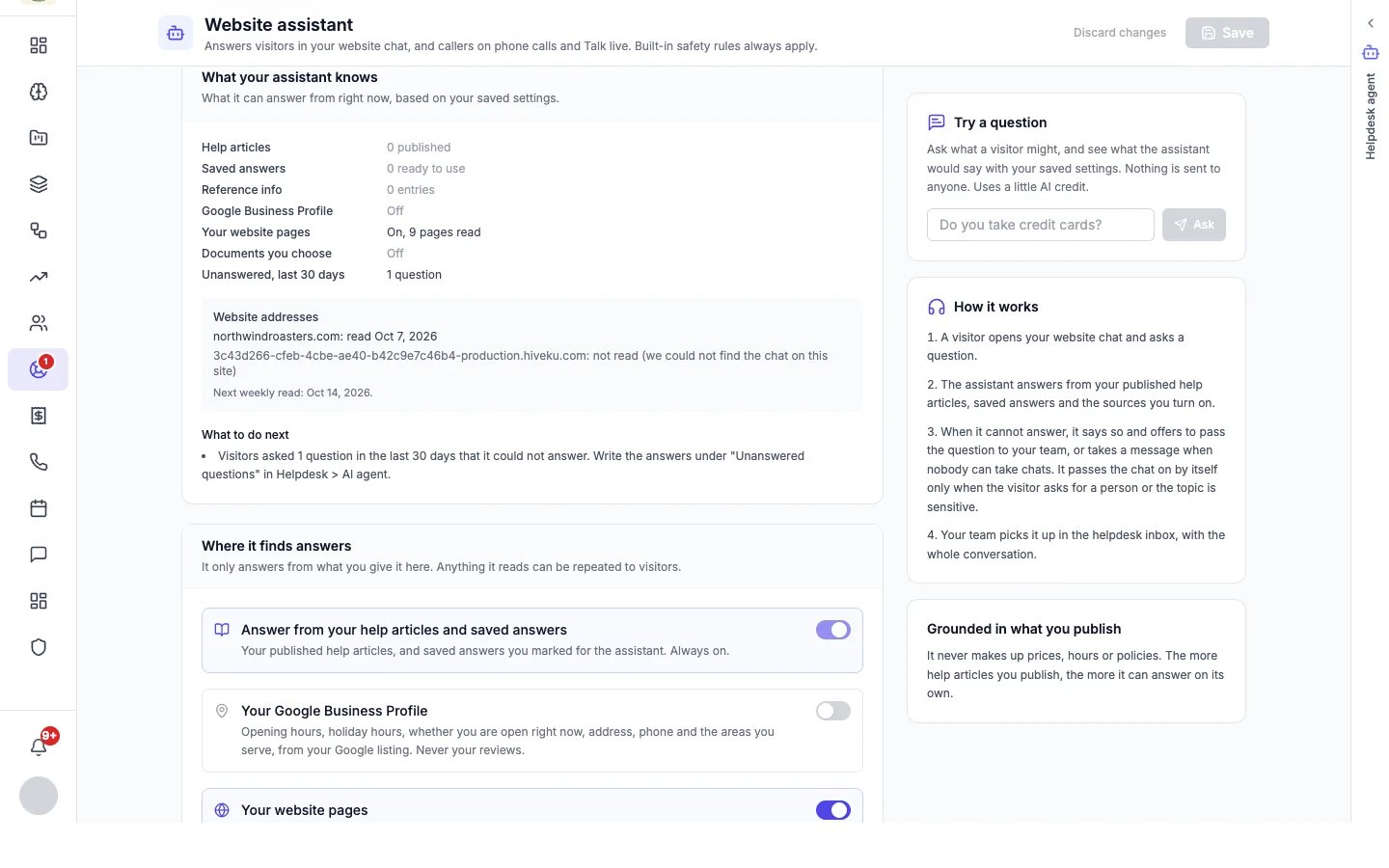 What your assistant knows: counts for help articles, saved answers, reference info, Google Business Profile, website pages and documents