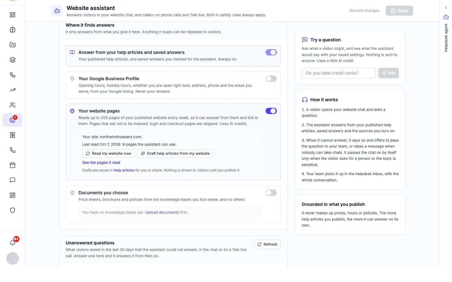 Where it finds answers: help articles and saved answers, Google Business Profile, website pages and documents