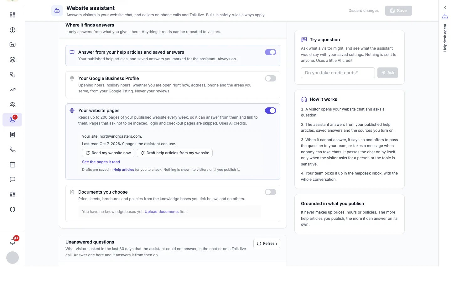 Where it finds answers: help articles and saved answers, Google Business Profile, website pages and documents