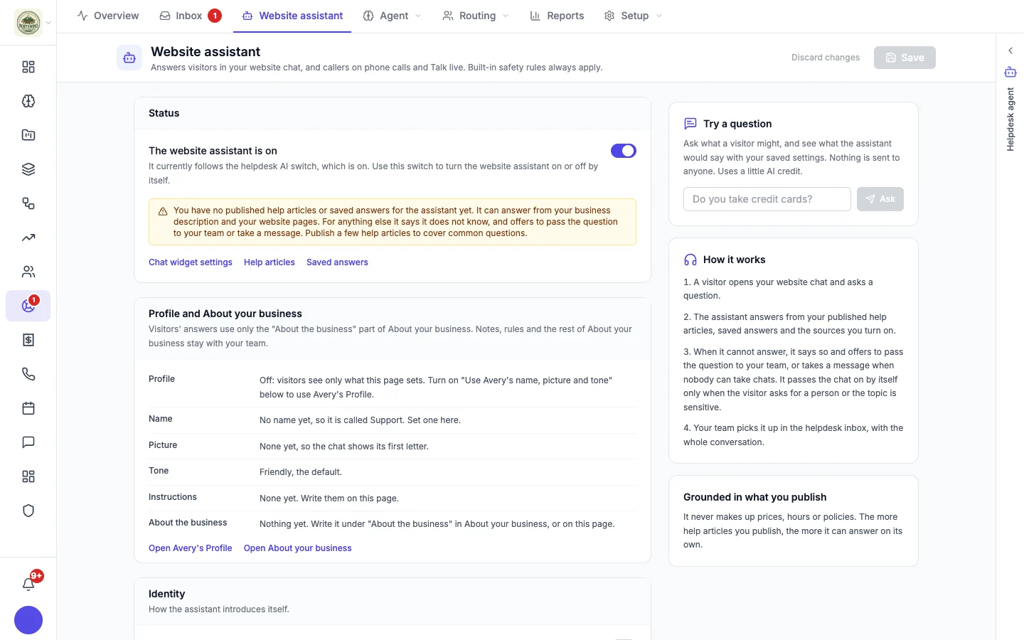 Website assistant page with its status, Profile and About your business, and identity settings