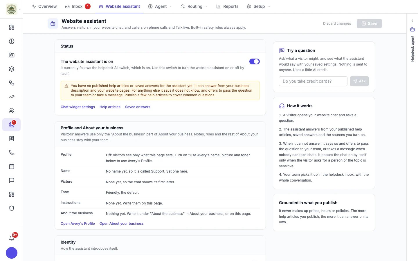 Website assistant page with its status, Profile and About your business, and identity settings