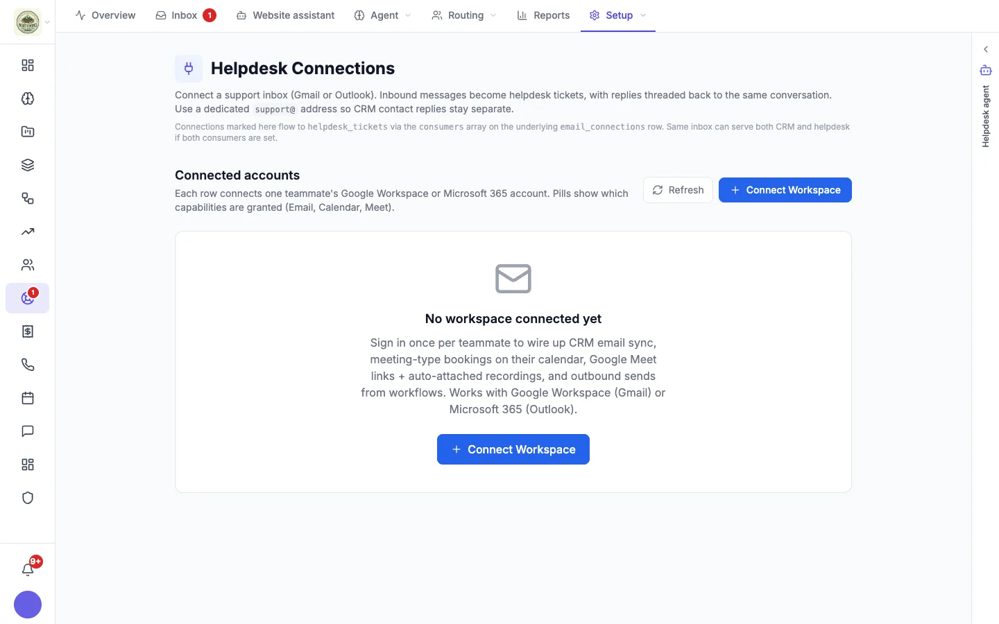 Helpdesk Connections page with Connect Workspace