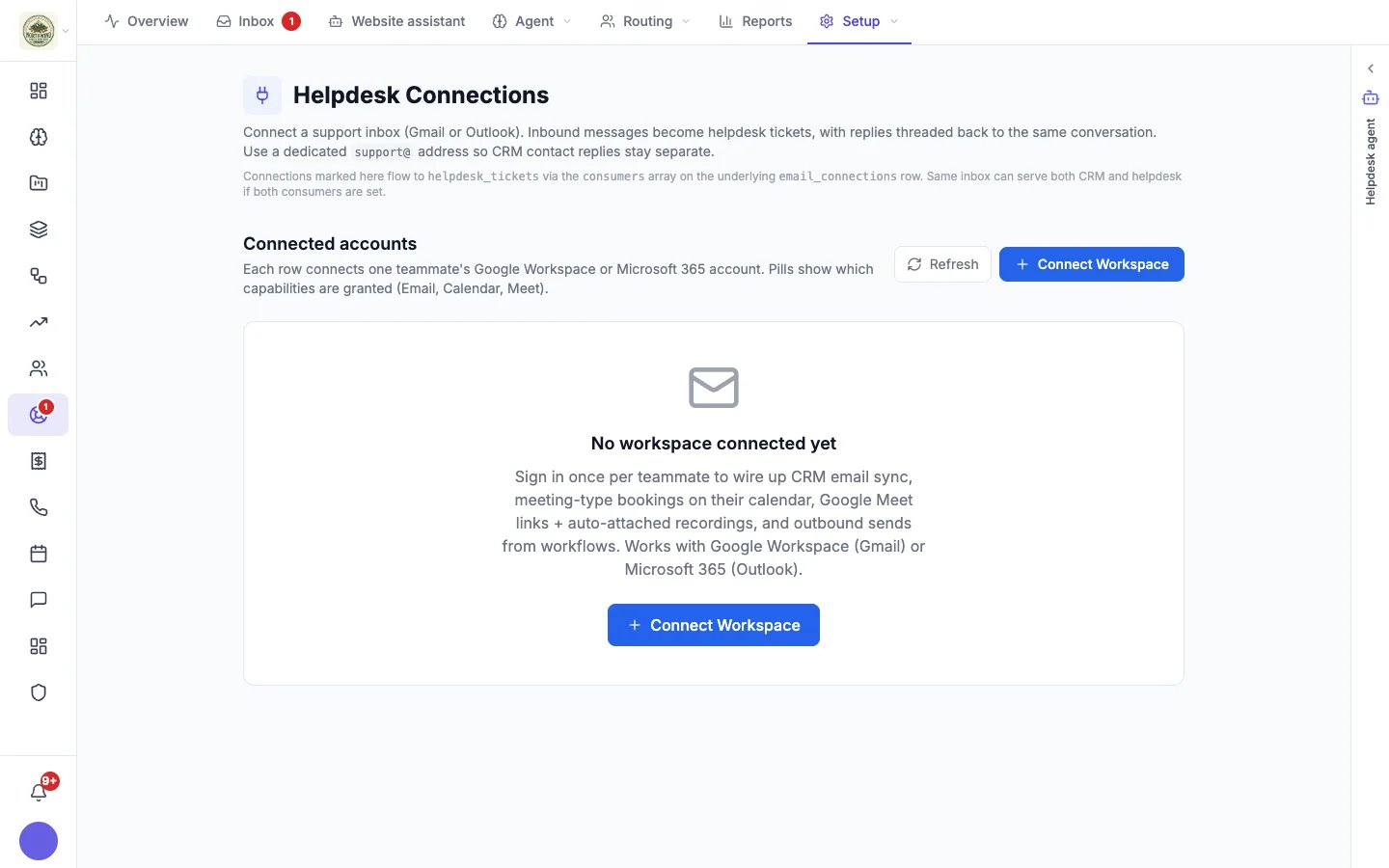 Helpdesk Connections page with Connect Workspace