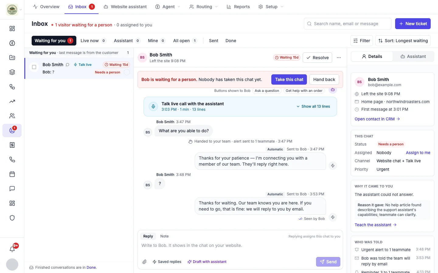 An open chat with the take-this-chat banner, a Talk live call summary, the visitor's messages, automatic messages, the reply box and the details panel
