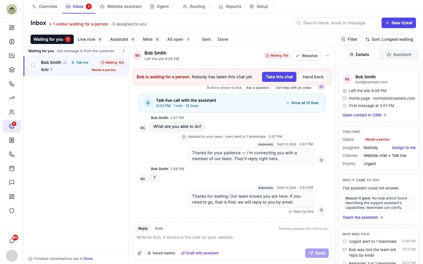 An open chat with the take-this-chat banner, a Talk live call summary, the visitor's messages, automatic messages, the reply box and the details panel