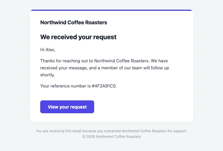 Confirmation email reading We received your request, with the reference number and a View your request button
