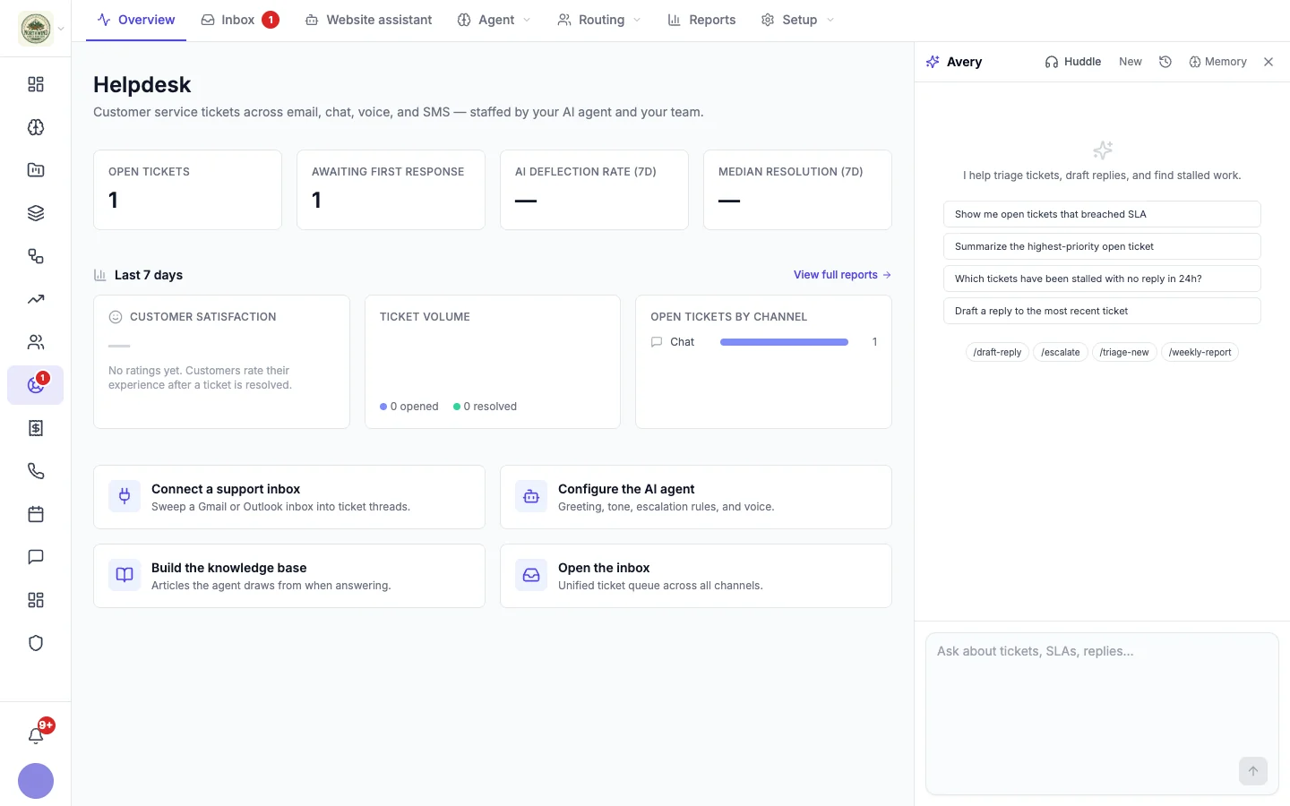 Helpdesk overview with the agent panel open, showing suggested questions and slash commands