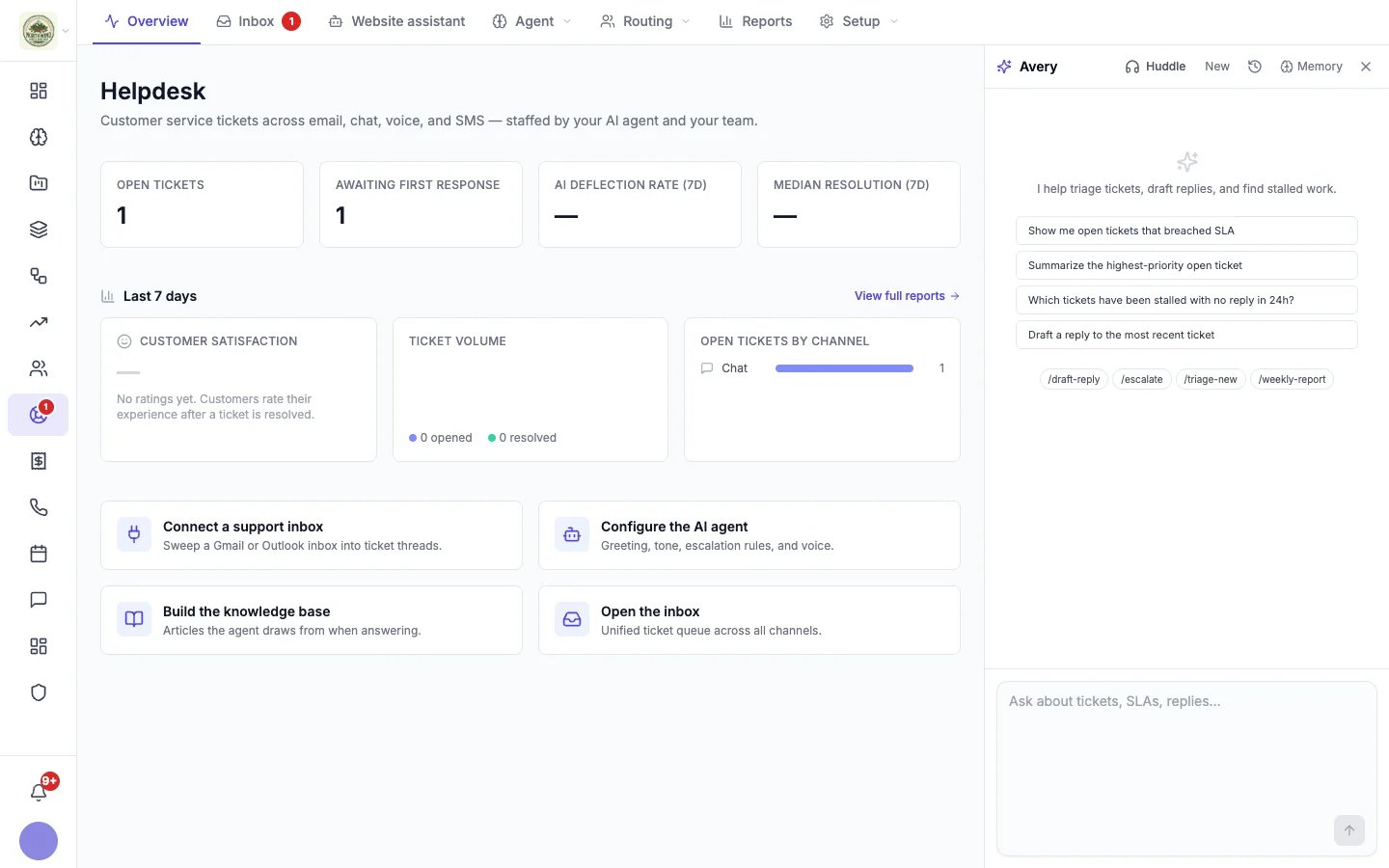 Helpdesk overview with the agent panel open, showing suggested questions and slash commands