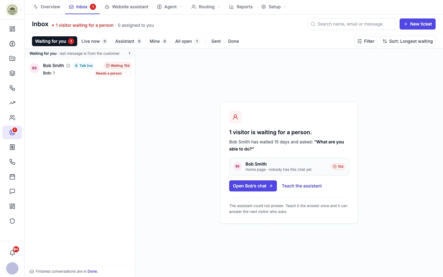 Helpdesk inbox with the view tabs, one conversation waiting, and a summary saying one visitor is waiting for a person