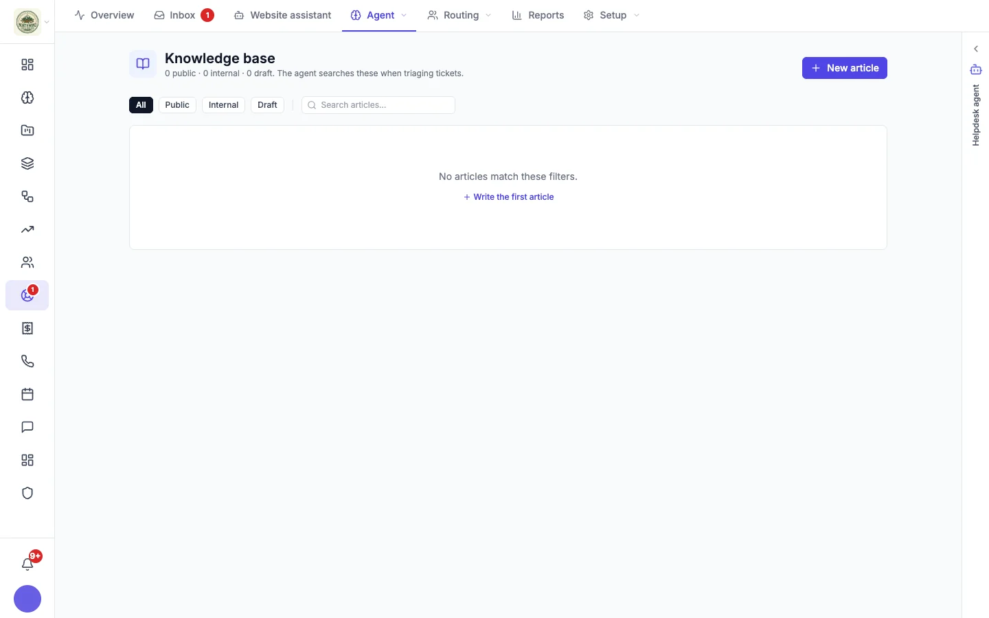 Knowledge base page with filters for all, public, internal and draft articles and a New article button