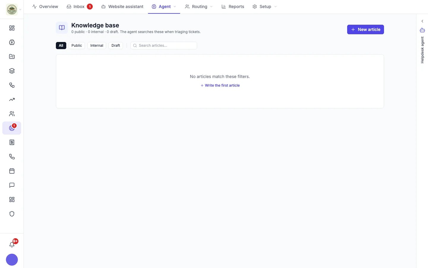 Knowledge base page with filters for all, public, internal and draft articles and a New article button