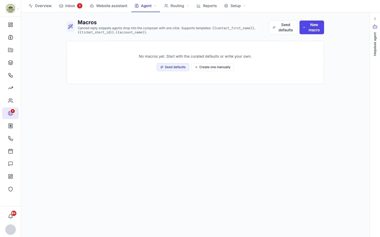 Macros page with Seed defaults and New macro buttons