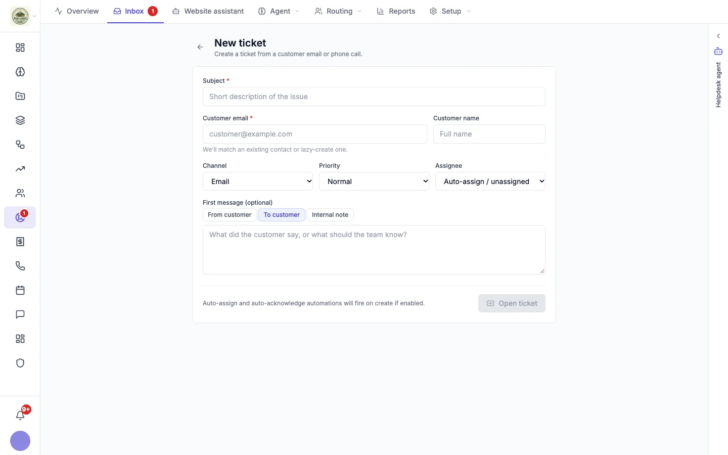 New ticket form with subject, customer email, customer name, channel, priority, assignee and first message