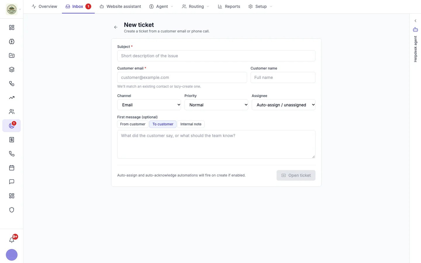 New ticket form with subject, customer email, customer name, channel, priority, assignee and first message