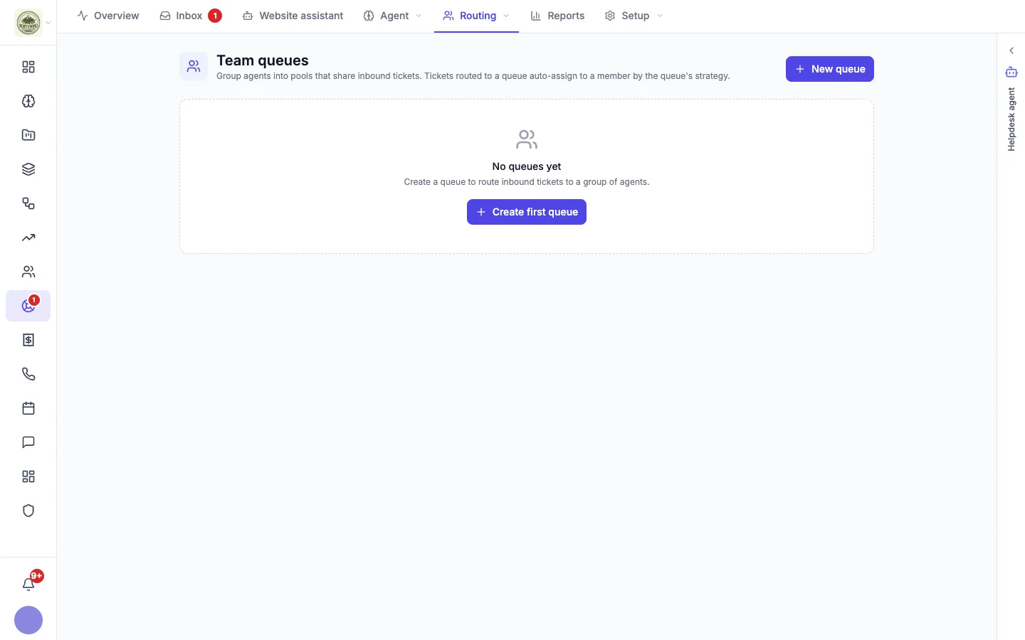 Team queues page with a New queue button