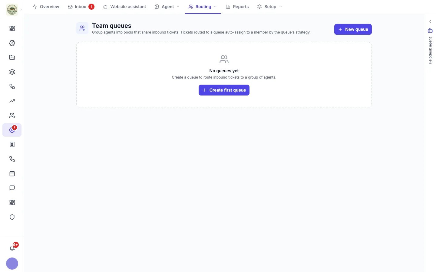 Team queues page with a New queue button