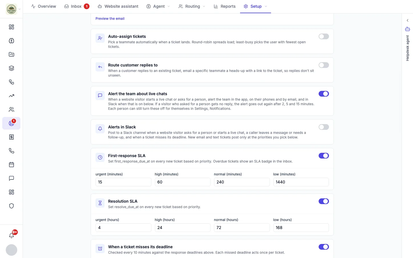 Auto-assign, Route customer replies to, live chat alerts and Slack alerts settings