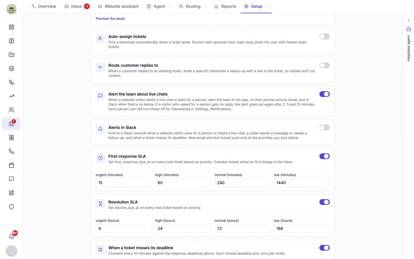 Auto-assign, Route customer replies to, live chat alerts and Slack alerts settings