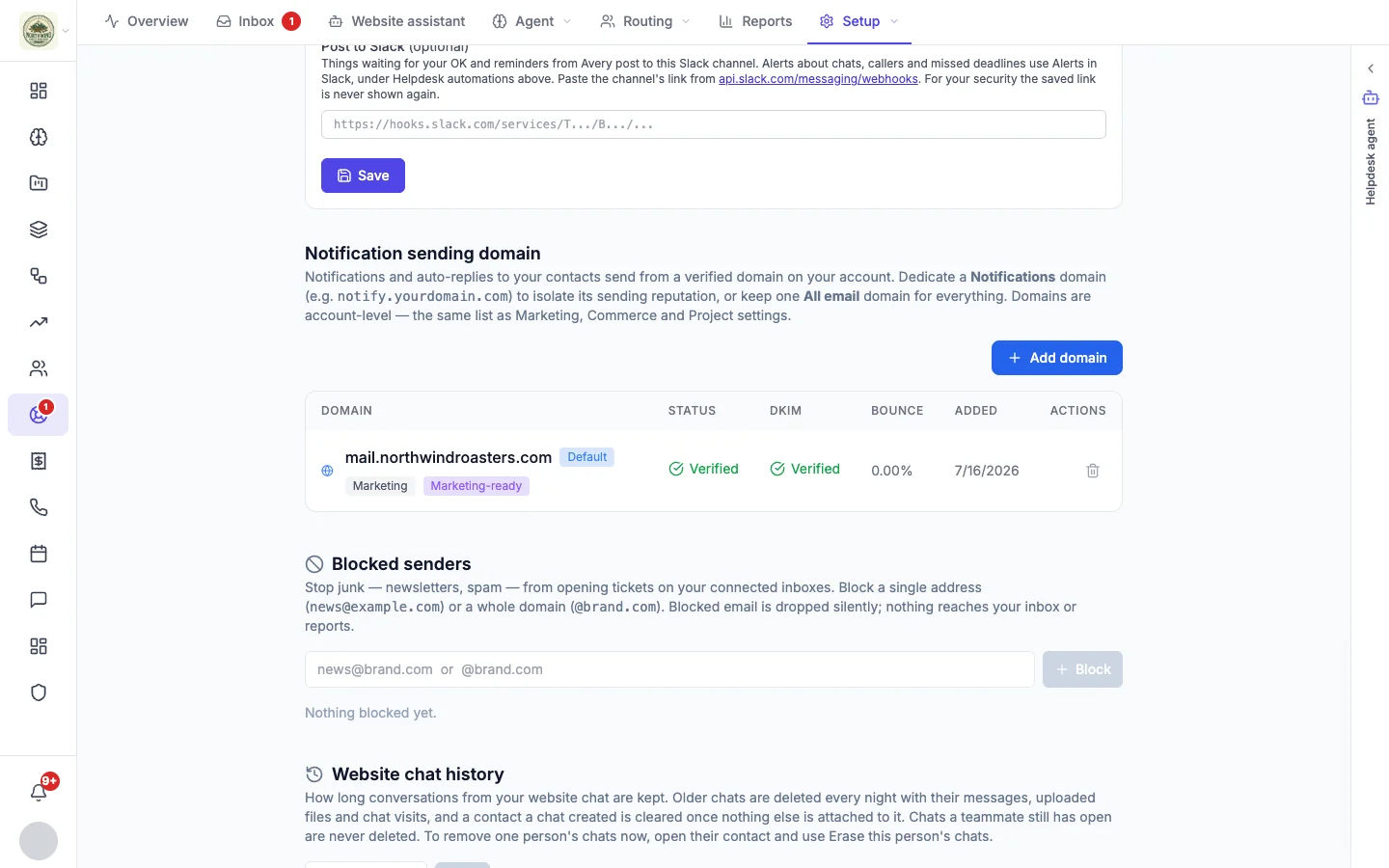 Notification sending domain and Blocked senders settings