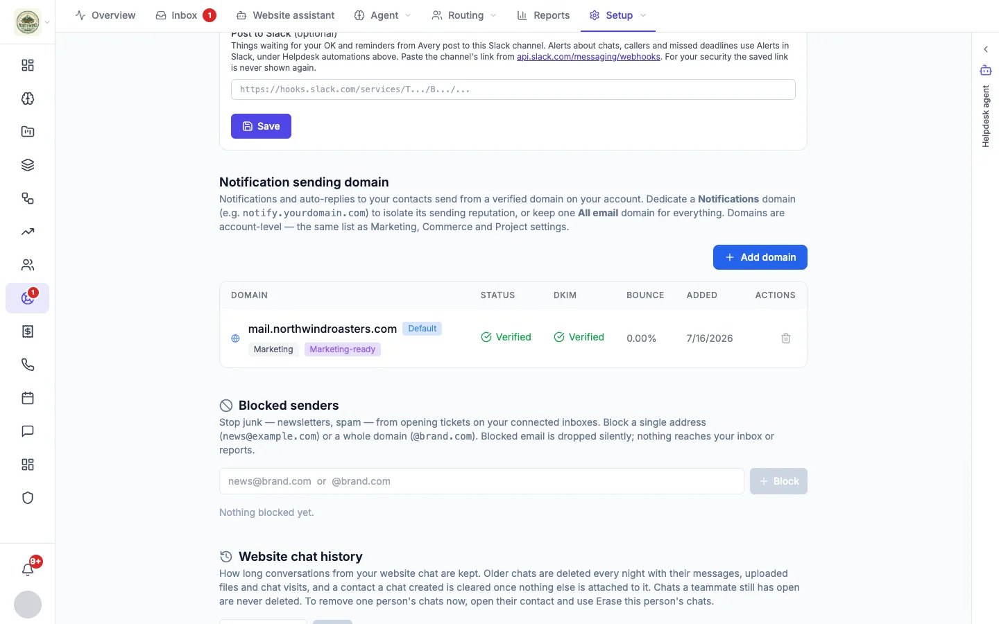Notification sending domain and Blocked senders settings