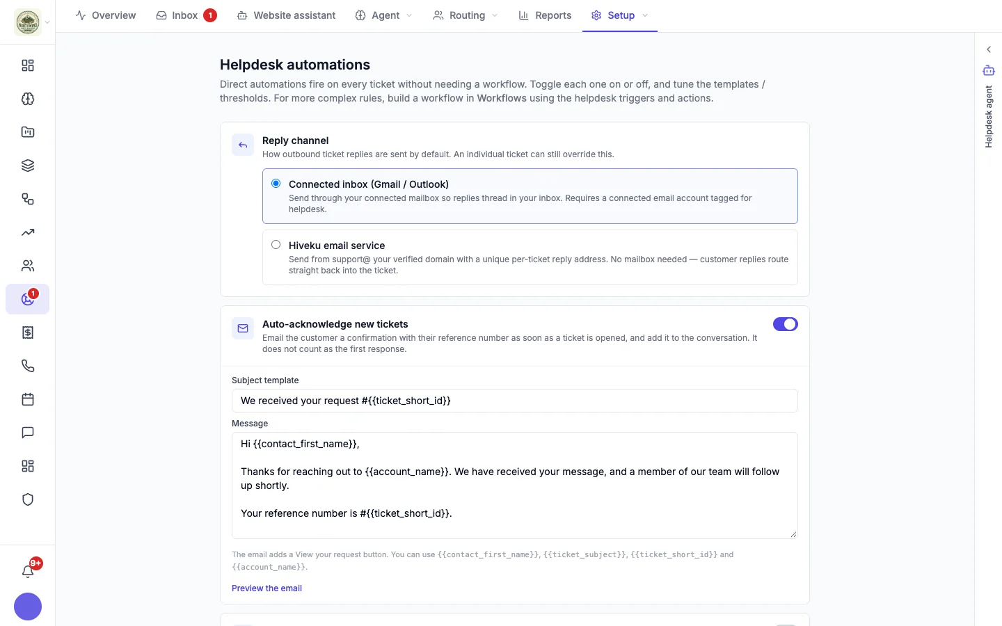 Reply channel choice: connected inbox or Hiveku email service