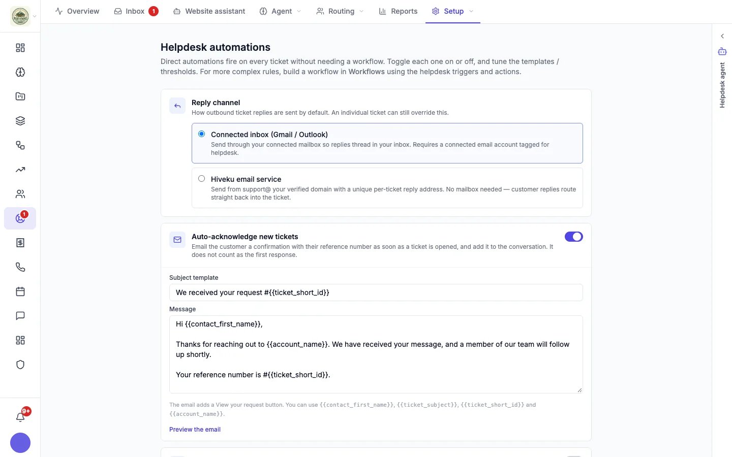Reply channel choice: connected inbox or Hiveku email service