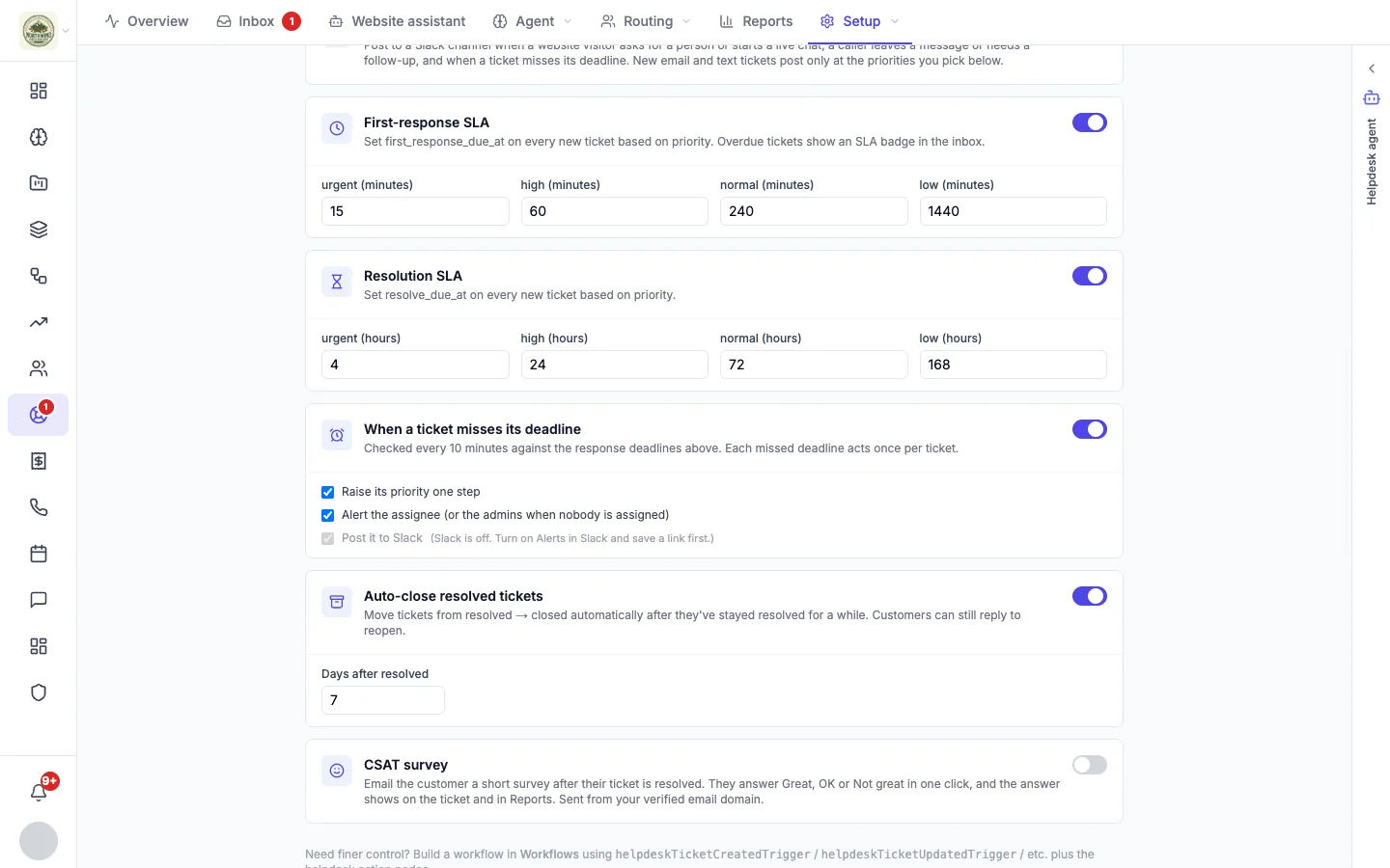 First-response and resolution SLA settings
