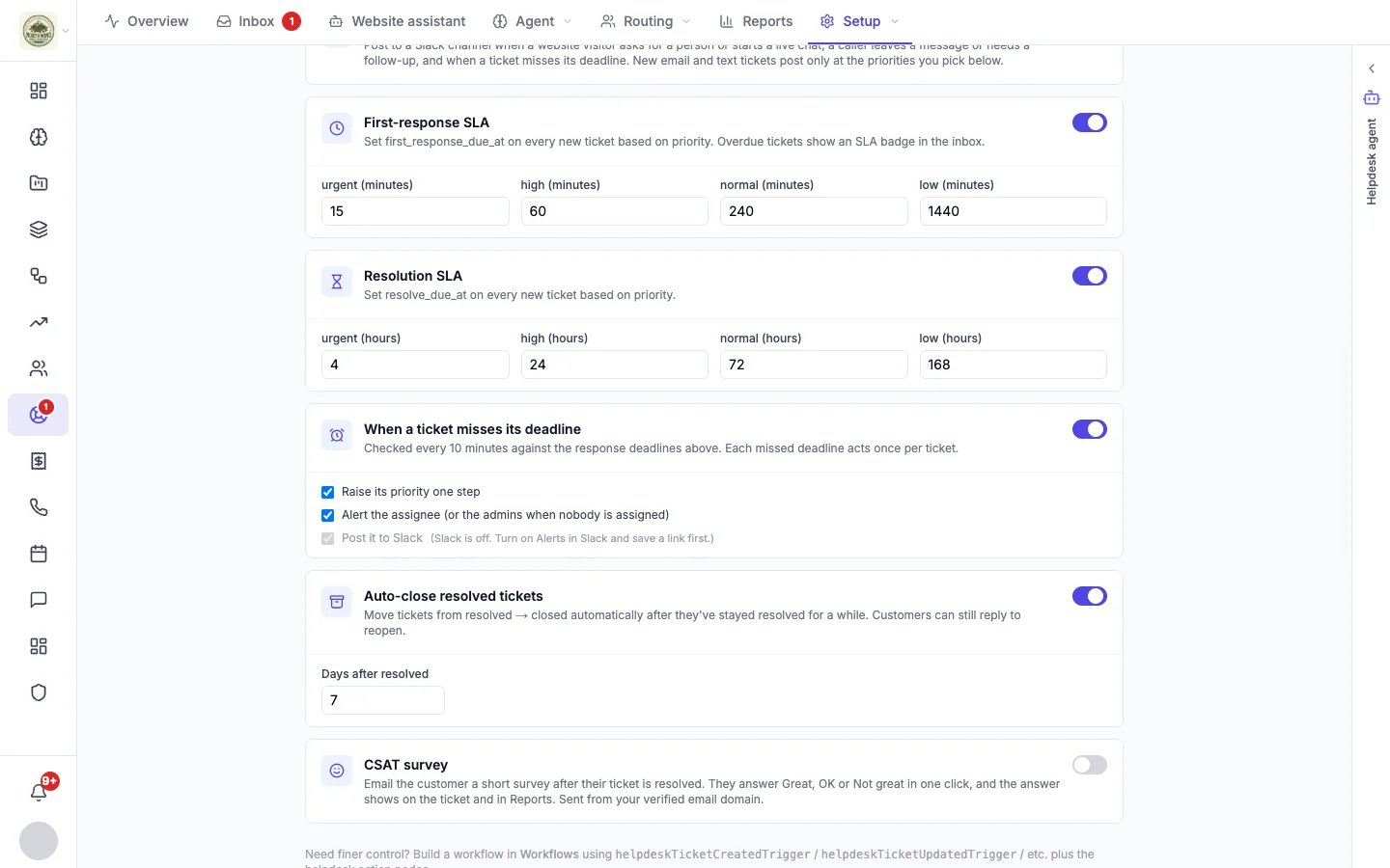 First-response and resolution SLA settings
