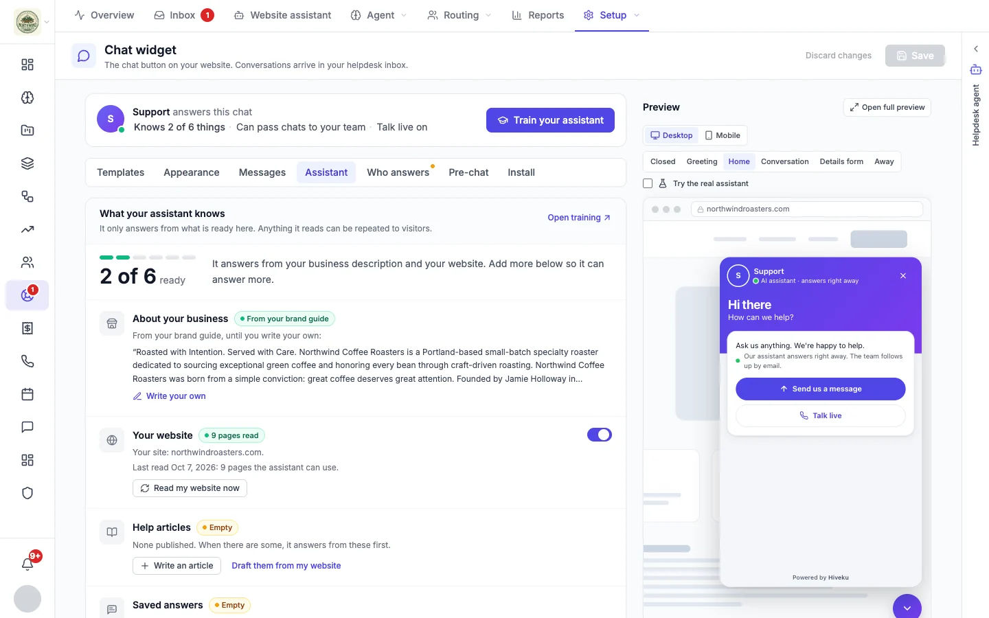 Assistant tab showing what the assistant knows and what it can do