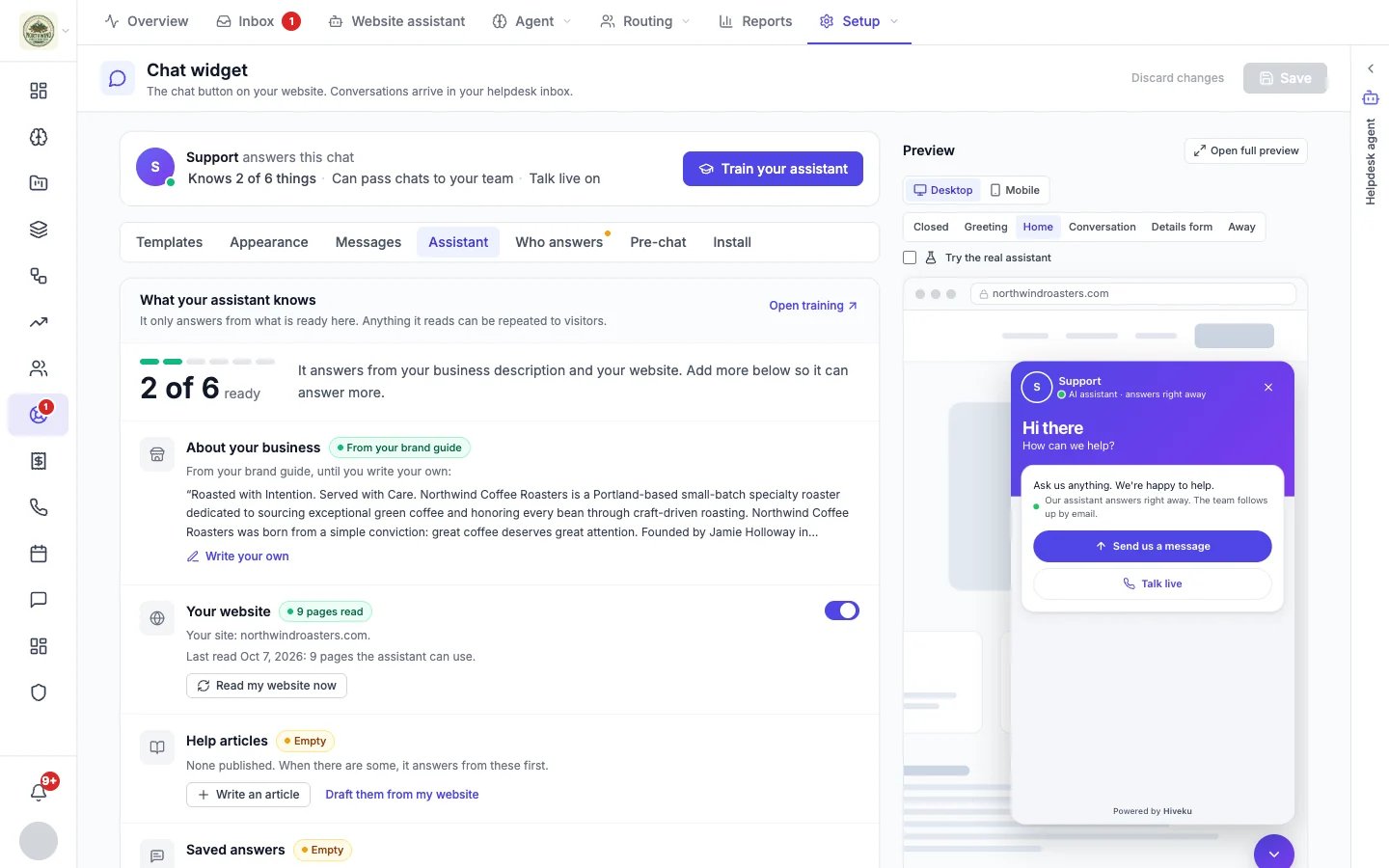 Assistant tab showing what the assistant knows and what it can do