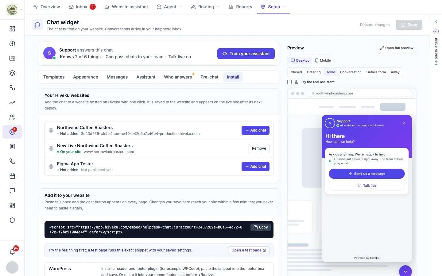 Install tab with one-click install for Hiveku websites, the embed snippet and a test page link