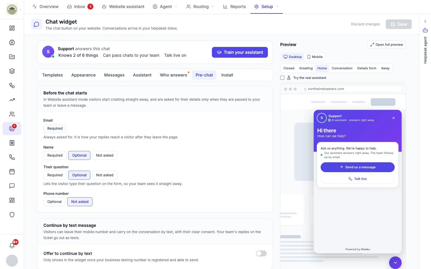 Pre-chat tab with the details visitors are asked for