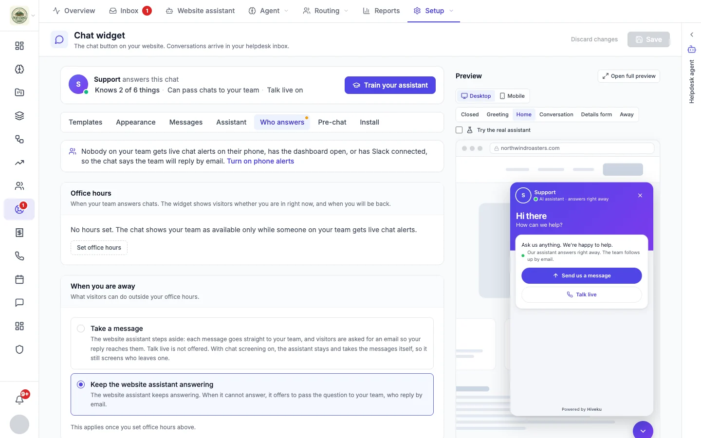 Who answers tab with office hours, what happens when you are away, and Talk live
