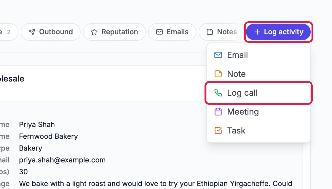 The Log activity button and its menu: Email, Note, Log call, Meeting and Task, with Log activity and Log call outlined