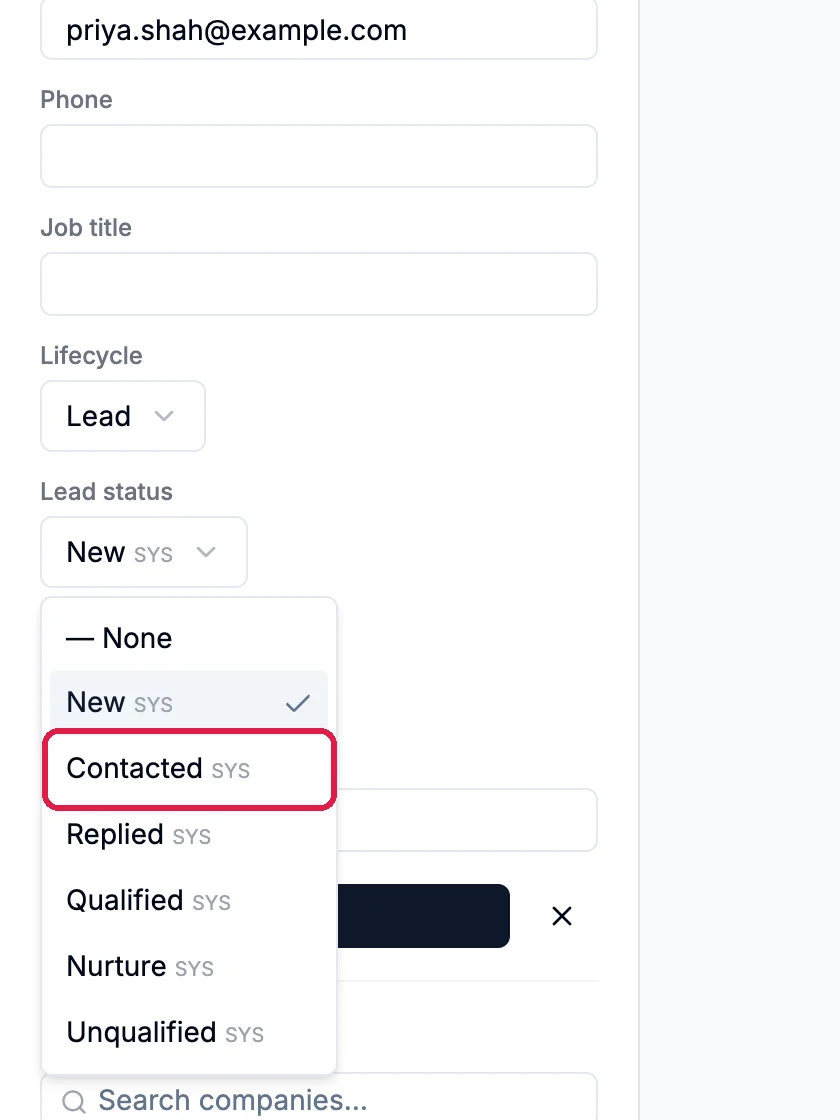 The Lead status list open with None, New, Contacted, Replied, Qualified, Nurture and Unqualified, and Contacted outlined