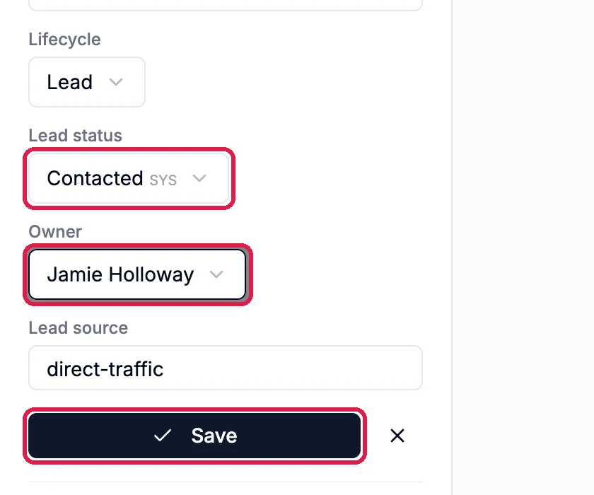 The edit form with Lead status Contacted, Owner Jamie Holloway and the Save button outlined
