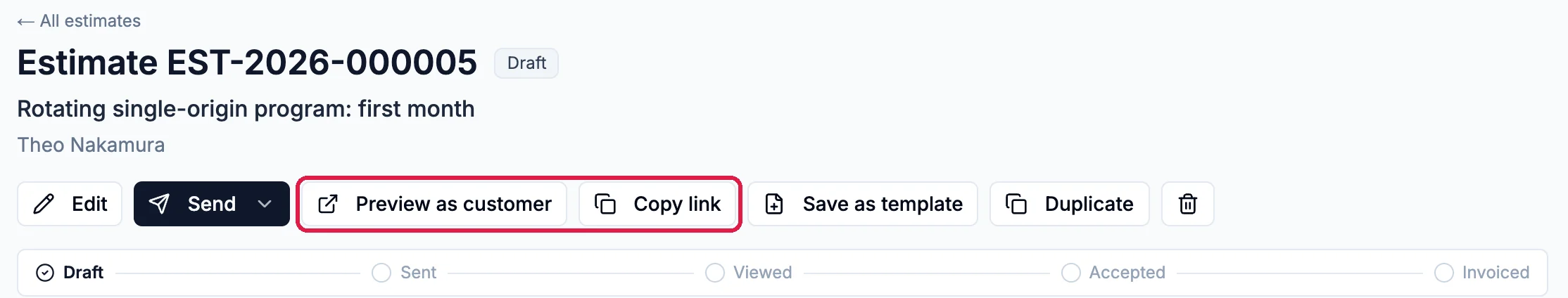 Estimate EST-2026-000005, Draft, with the Edit and Send buttons, Preview as customer and Copy link outlined, and the progress line from Draft to Invoiced